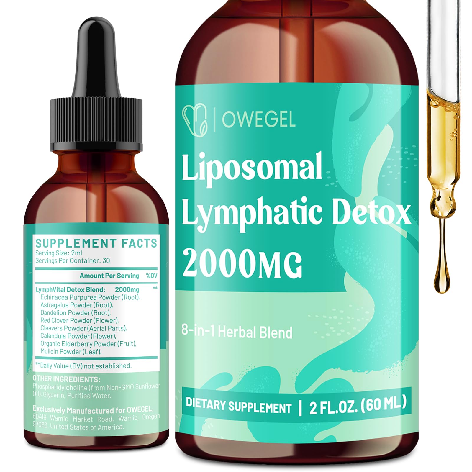 owegel Liposomal Lymphatic Drainage Drops 2000mg – Immune & Lymph System Support – Lymphatic Detox and Cleanse with Echinacea, Red Clover, Dandelion & Cleavers – Sugar-Free, Alcohol-Free – 2 FL OZ - Maple Wellness Supplements