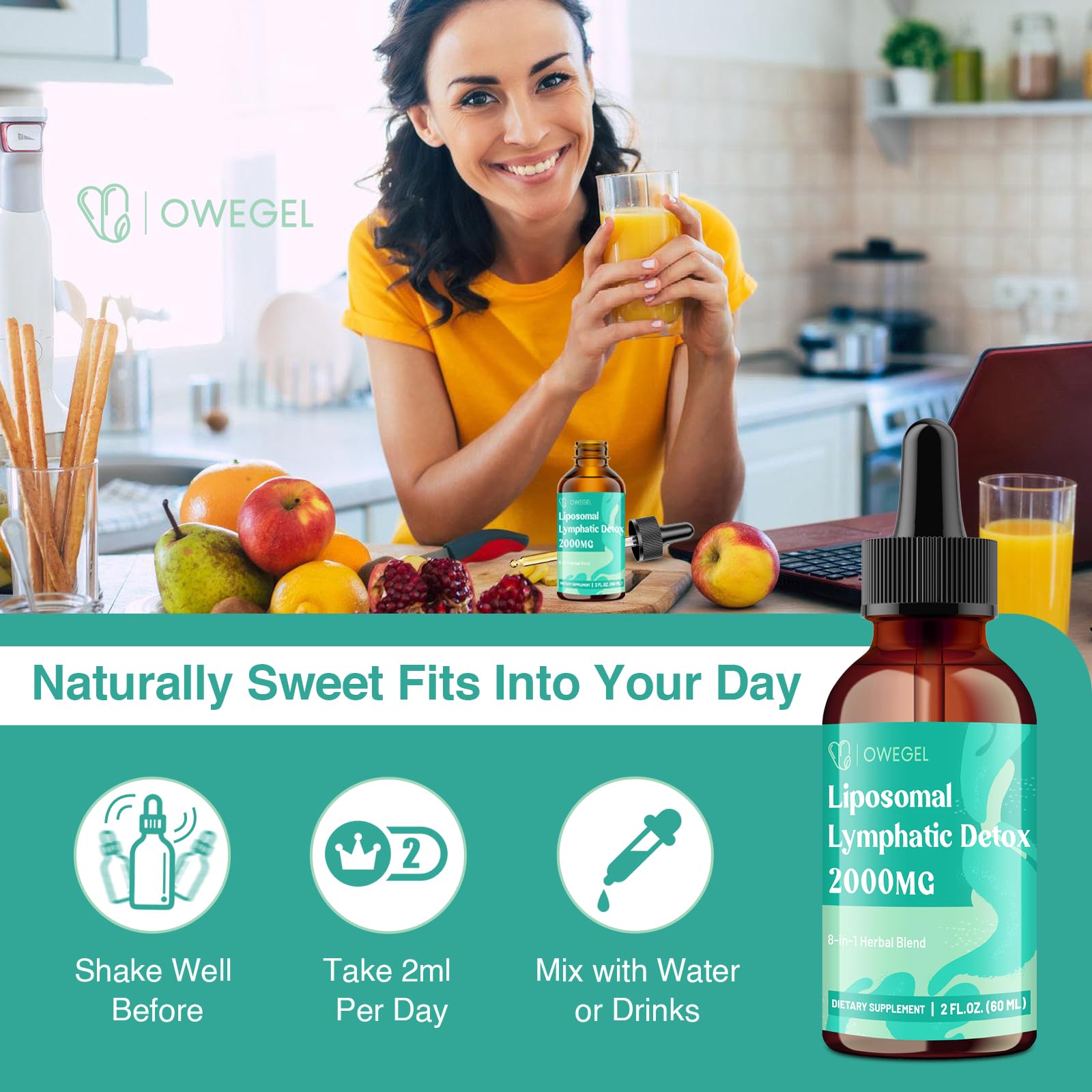 owegel Liposomal Lymphatic Drainage Drops 2000mg – Immune & Lymph System Support – Lymphatic Detox and Cleanse with Echinacea, Red Clover, Dandelion & Cleavers – Sugar-Free, Alcohol-Free – 2 FL OZ - Maple Wellness Supplements