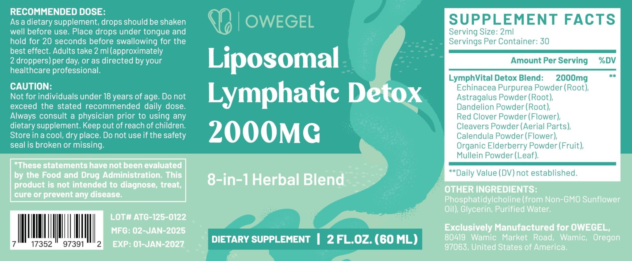 owegel Liposomal Lymphatic Drainage Drops 2000mg – Immune & Lymph System Support – Lymphatic Detox and Cleanse with Echinacea, Red Clover, Dandelion & Cleavers – Sugar-Free, Alcohol-Free – 2 FL OZ - Maple Wellness Supplements