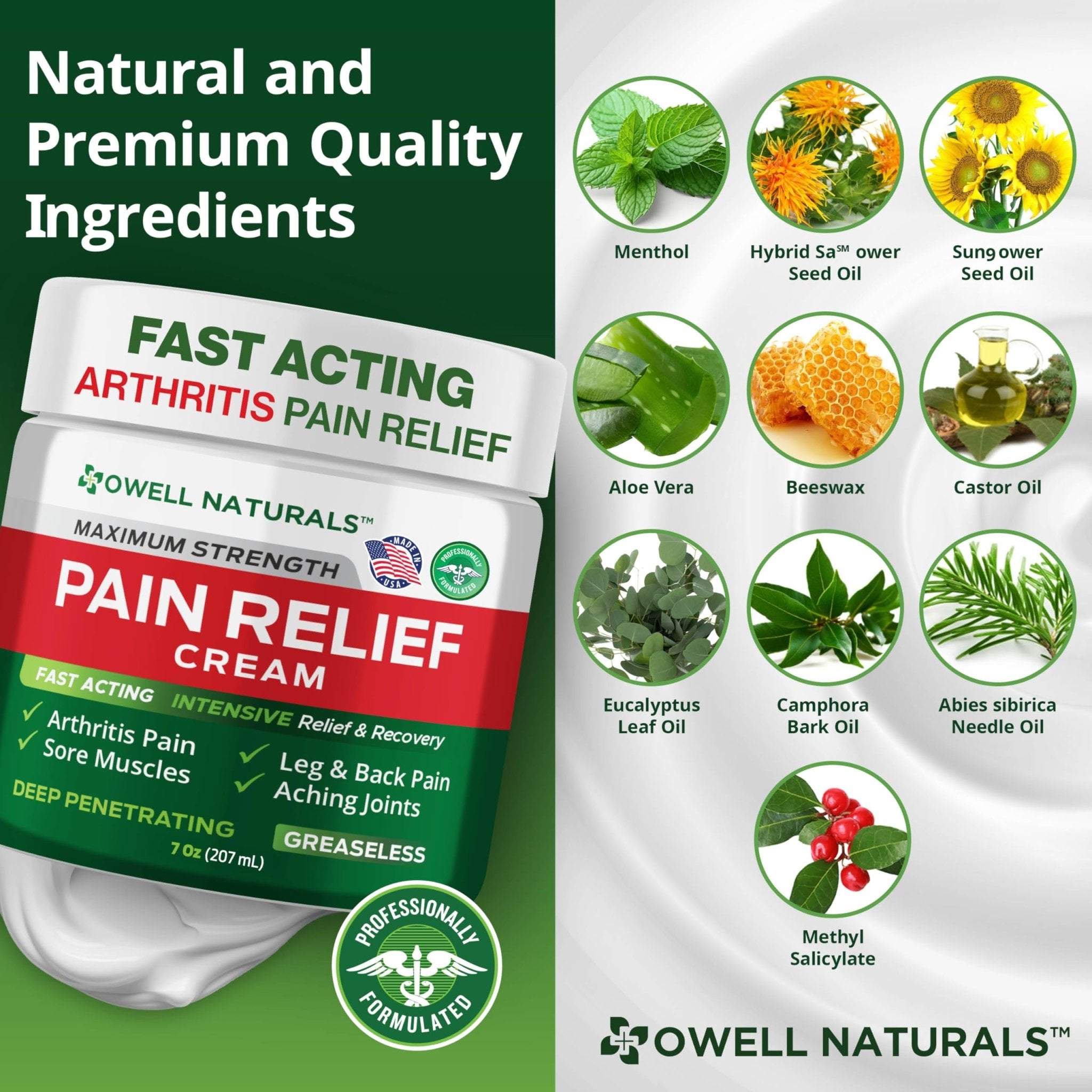 Owell Naturals Deep Penetrating Pain Relief Cream, Maximum Strength Formula for Joints & Muscles, Lower Back, Knees, Hands, Legs, Ankle – Fast Acting Comfort, 7 oz - TrustMedUSA