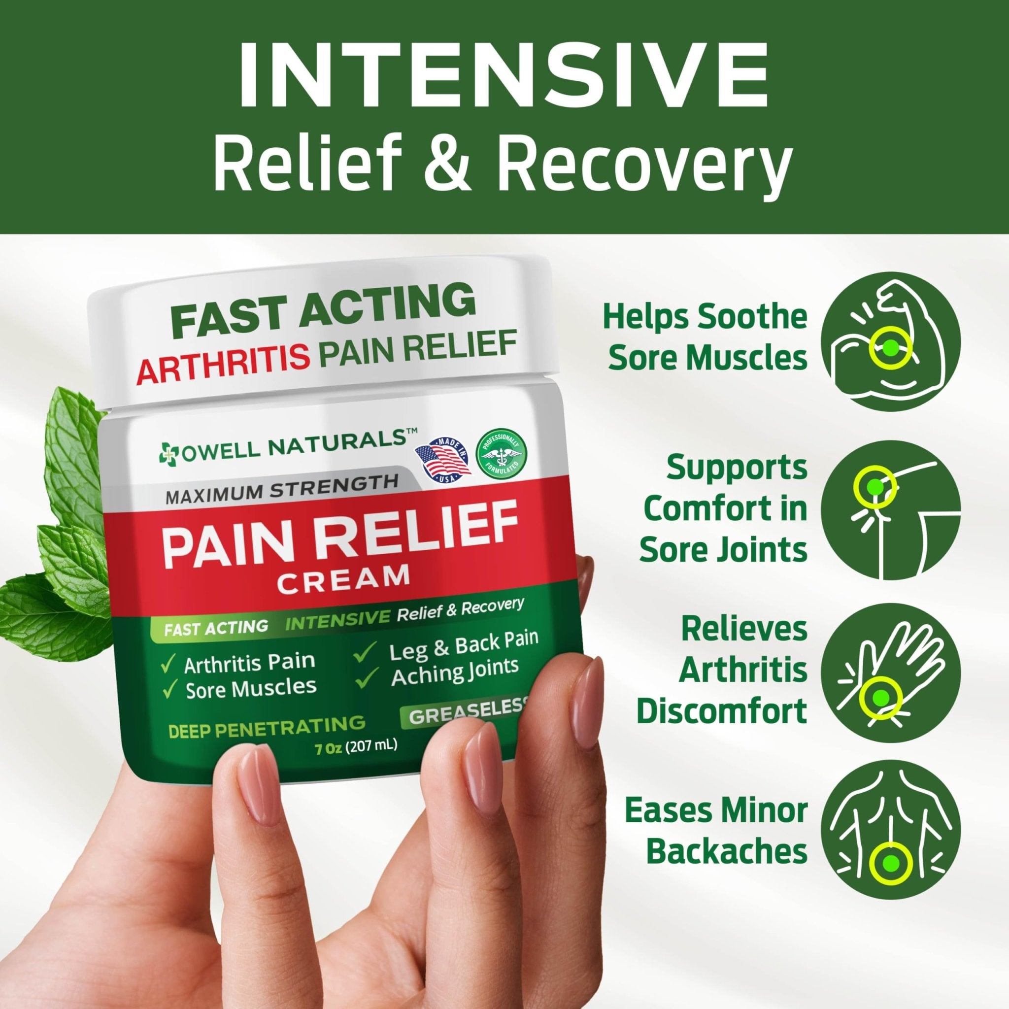 Owell Naturals Deep Penetrating Pain Relief Cream, Maximum Strength Formula for Joints & Muscles, Lower Back, Knees, Hands, Legs, Ankle – Fast Acting Comfort, 7 oz - TrustMedUSA