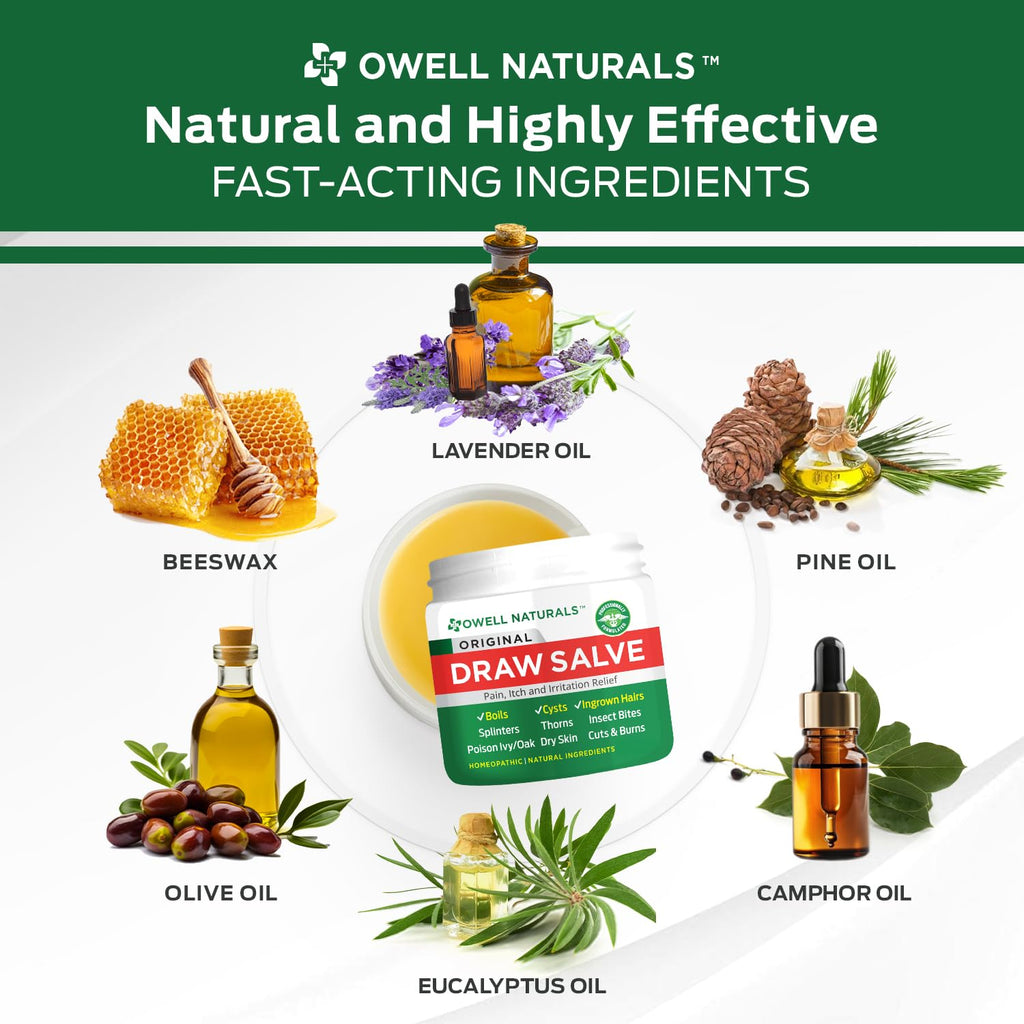 OWELL Naturals Drawing Salve Ointment for Boil & Cyst Removal, Deep Ingrown Hair, Splinter Remover, Bug Spider Bites, Bee Sting, Mosquito Itching, Poison Ivy - Maple Wellness Supplements