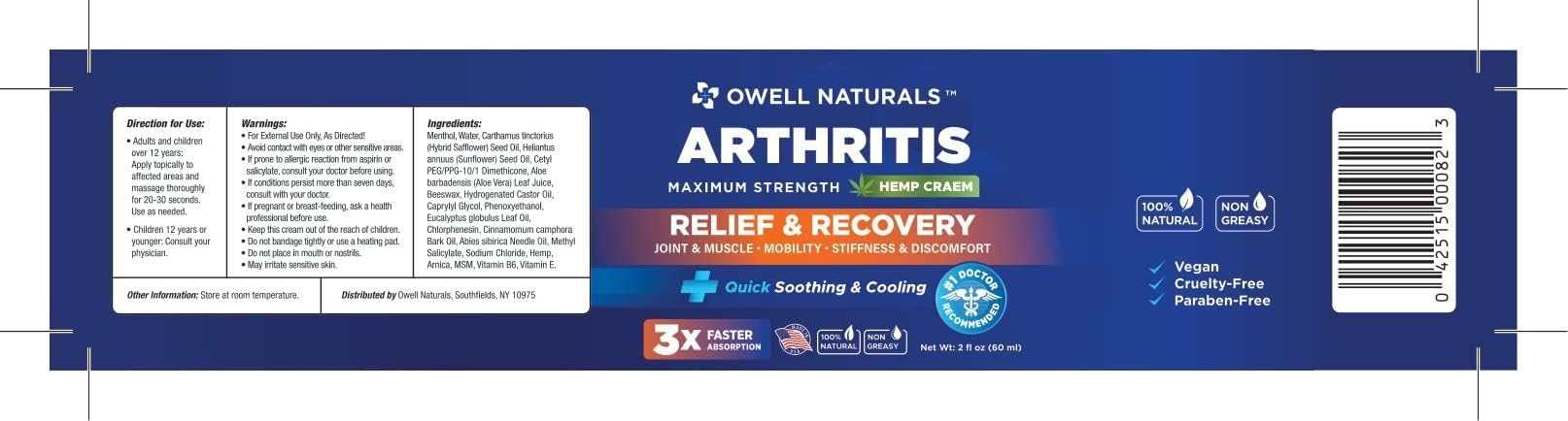 OWELL NATURALS Joint & Muscle Ream, Maximum Strength Relief & Recovery for Back, Neck, Feet with Aloe Vera, Vitamin B6 MSM, 2 Oz, (2 Pack) - TrustMedUSA