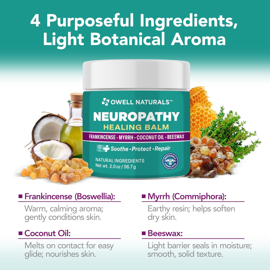 Owell Naturals Neuropathy Balm for Feet, Muscles & Joints – Long Lasting Comfort Formula with Frankincense, Myrrh, Coconut Oil, Beeswax – Fast Absorbing Botanical Skin Care, 2 oz - TrustMedUSA