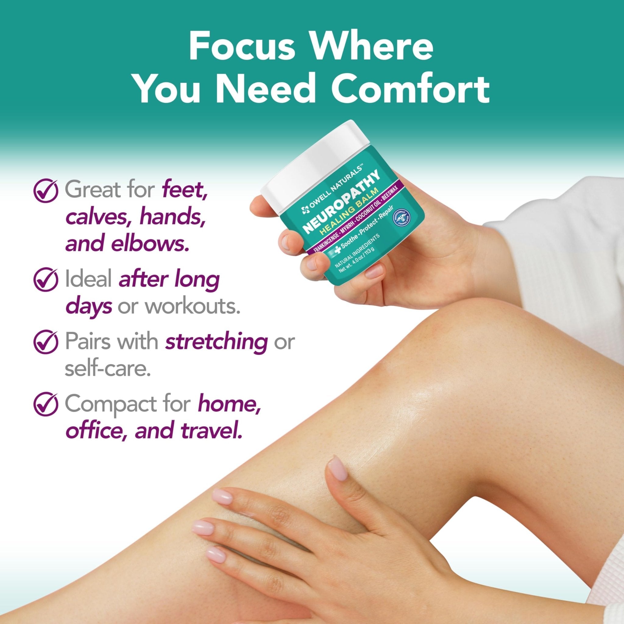 Owell Naturals Neuropathy Balm for Feet, Muscles & Joints – Long Lasting Comfort Formula with Frankincense, Myrrh, Coconut Oil, Beeswax – Fast Absorbing Botanical Skin Care, 2 oz - TrustMedUSA