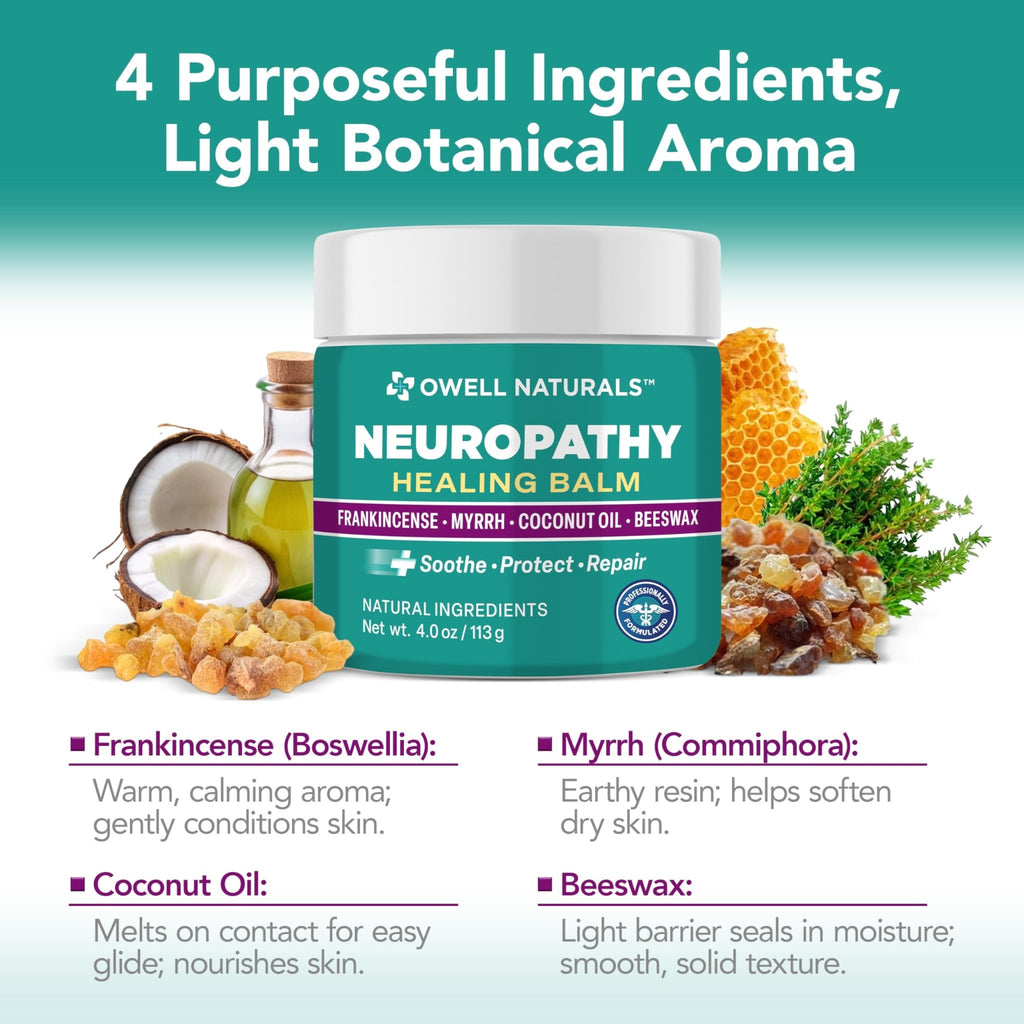 OWELL NATURALS Neuropathy Healing Balm, Fast Acting, with Frankincense, Myrrh, Coconut Oil & Beeswax, Natural Ingredients – Soothe, Protect & Repair, 4 oz (Pack of 1) - TrustMedUSA