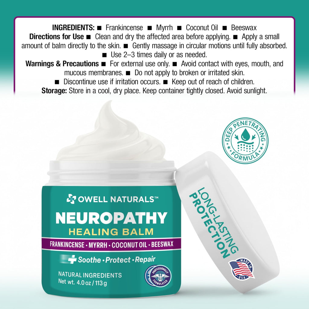 OWELL NATURALS Neuropathy Healing Balm, Fast Acting, with Frankincense, Myrrh, Coconut Oil & Beeswax, Natural Ingredients – Soothe, Protect & Repair, 4 oz (Pack of 1) - TrustMedUSA