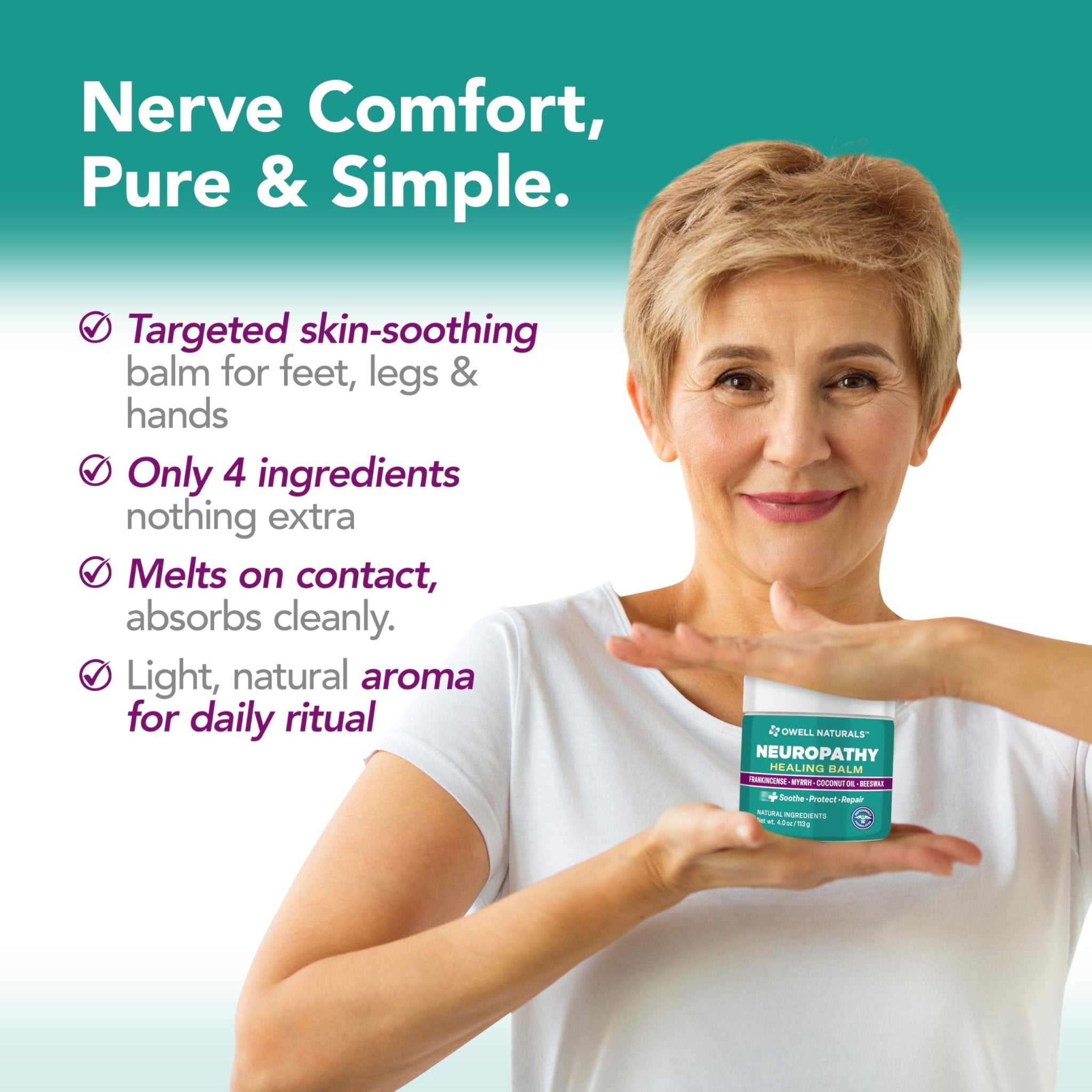 OWELL NATURALS Neuropathy Healing Balm, Fast Acting, with Frankincense, Myrrh, Coconut Oil & Beeswax, Natural Ingredients – Soothe, Protect & Repair, 4 oz (Pack of 1) - TrustMedUSA