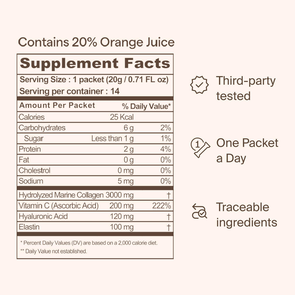 Ownist Triple Collagen Liquid Packets On-The-Go - Peptides with Hydrolyzed Marine Collagen, Elastin, Hyaluronic Acid and Vitamin for Healthy Skin - Orange Flavor - 14 Individual Stick Packs - Maple Wellness Supplements