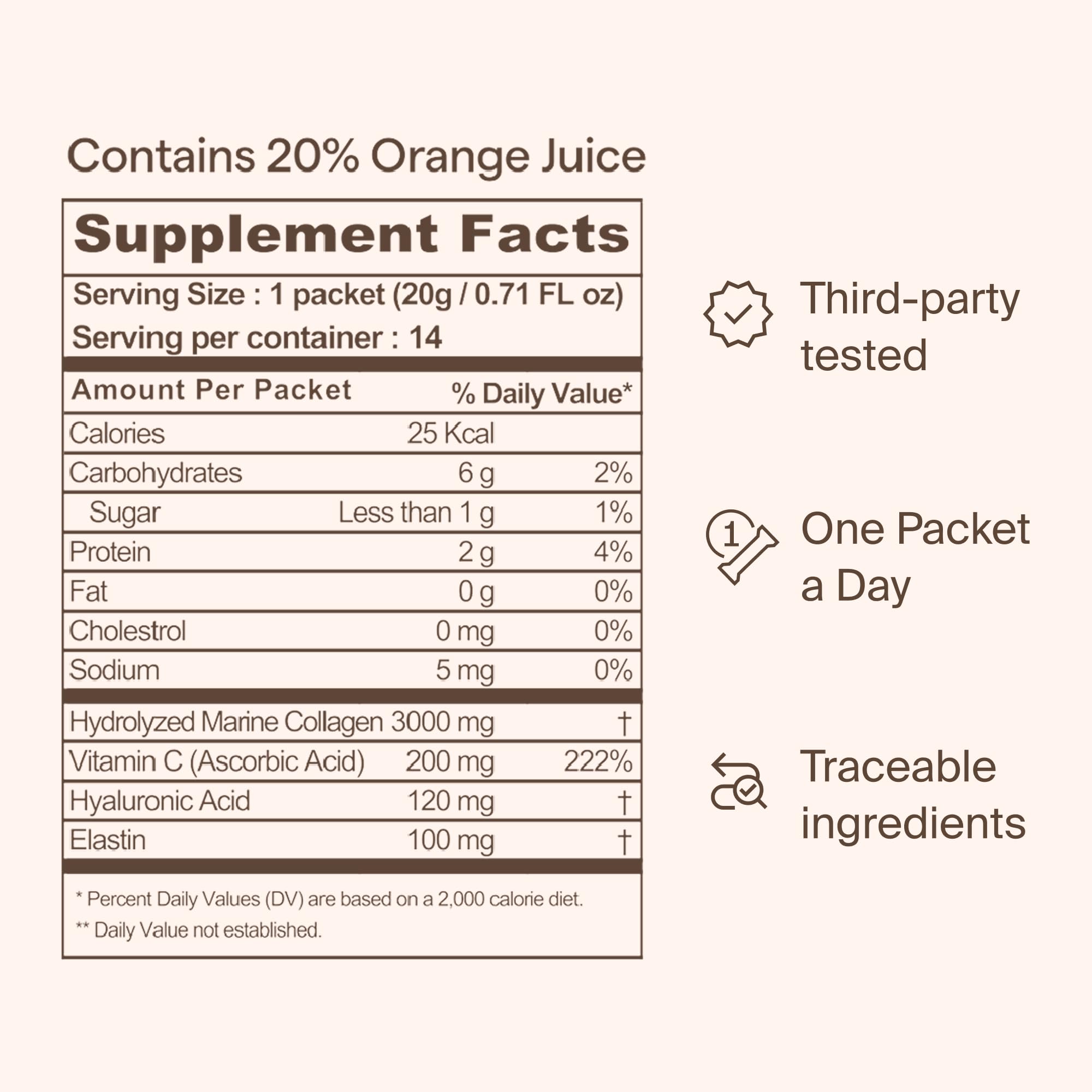 Ownist Triple Collagen Liquid Packets On-The-Go - Peptides with Hydrolyzed Marine Collagen, Elastin, Hyaluronic Acid and Vitamin for Healthy Skin - Orange Flavor - 14 Individual Stick Packs - Maple Wellness Supplements