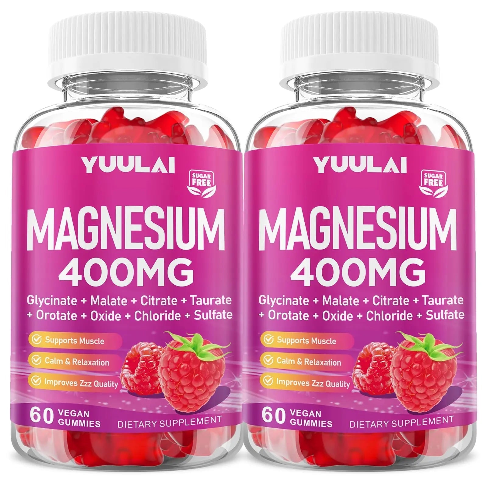 Pack of 2 Magnesium Complex Gummies 400mg, Magnesium Glycinate, Malate, Citrate, Taurate, Oxide & More | w/Ashwagandha Extract, D3 & B12 for Calm, Zzz, Relaxation, Raspberry Flavor, 120 Count - TrustMedUSA