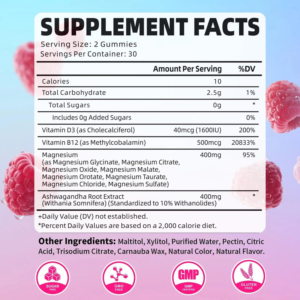 Pack of 2 Magnesium Complex Gummies 400mg, Magnesium Glycinate, Malate, Citrate, Taurate, Oxide & More | w/Ashwagandha Extract, D3 & B12 for Calm, Zzz, Relaxation, Raspberry Flavor, 120 Count - TrustMedUSA