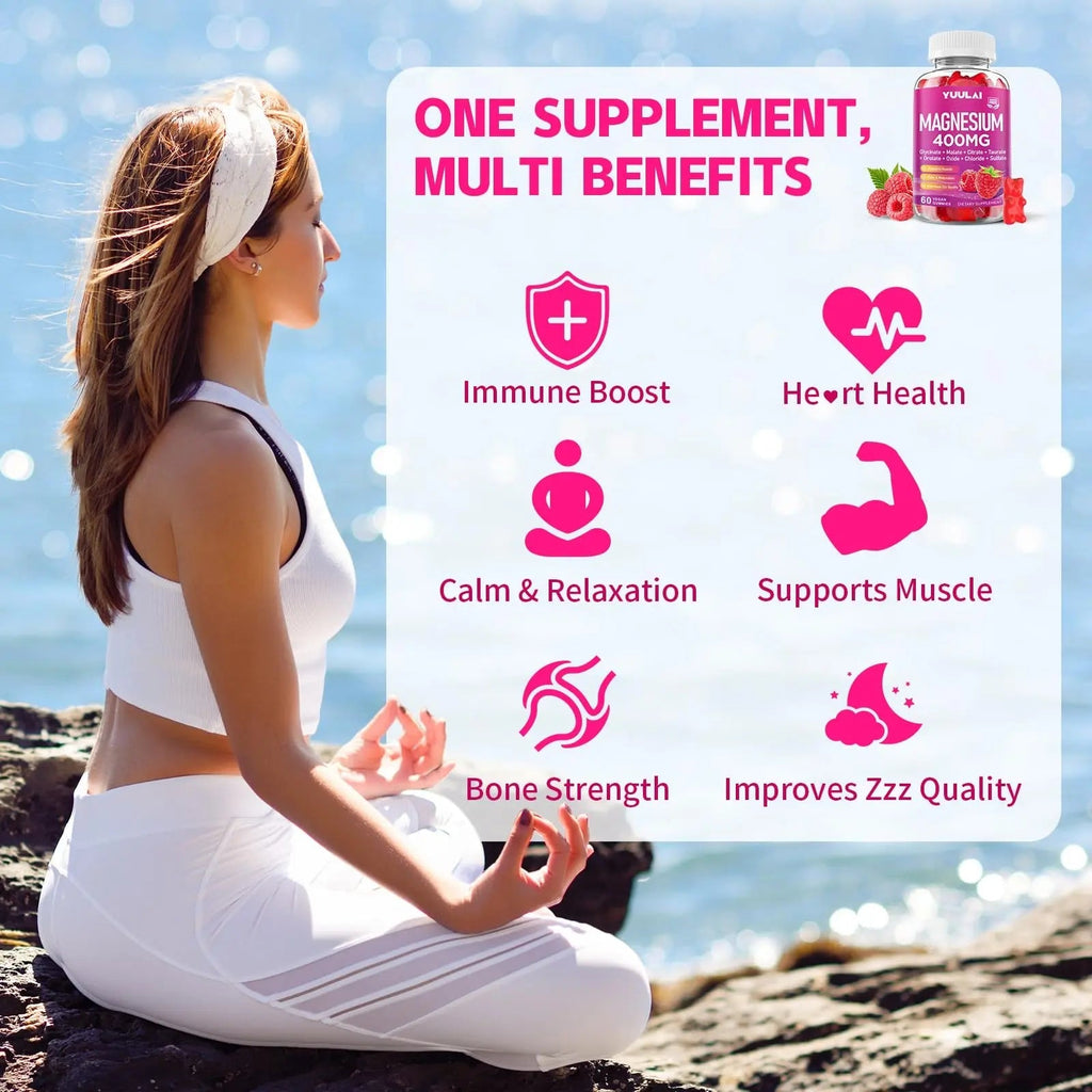 Pack of 2 Magnesium Complex Gummies 400mg, Magnesium Glycinate, Malate, Citrate, Taurate, Oxide & More | w/Ashwagandha Extract, D3 & B12 for Calm, Zzz, Relaxation, Raspberry Flavor, 120 Count - TrustMedUSA