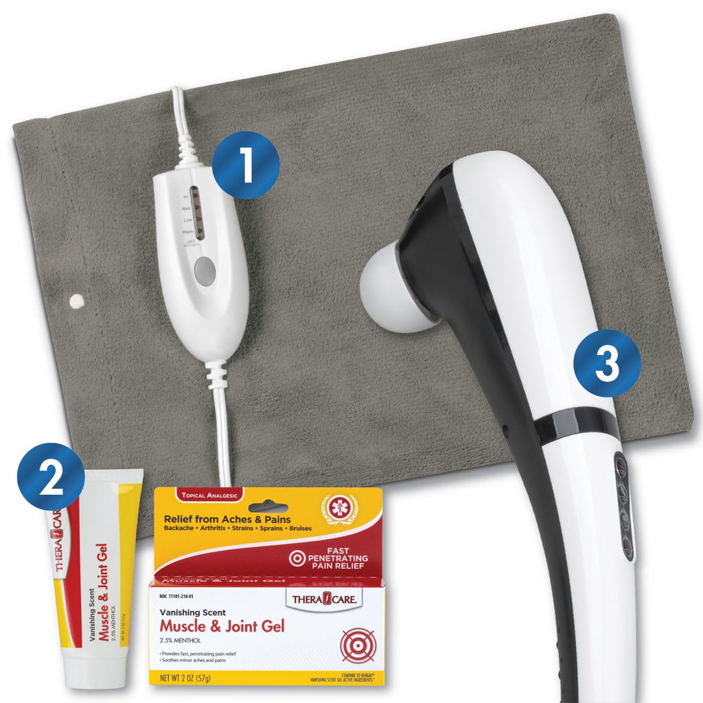 Pain Management Bundle 3-Piece | Personal Deep Tissue Massager | Muscle & Joint Pain Relief Gel | Deluxe Moist Dry Heating Pad | Therapeutic Care at Home | Whole Family Care - TrustMedUSA
