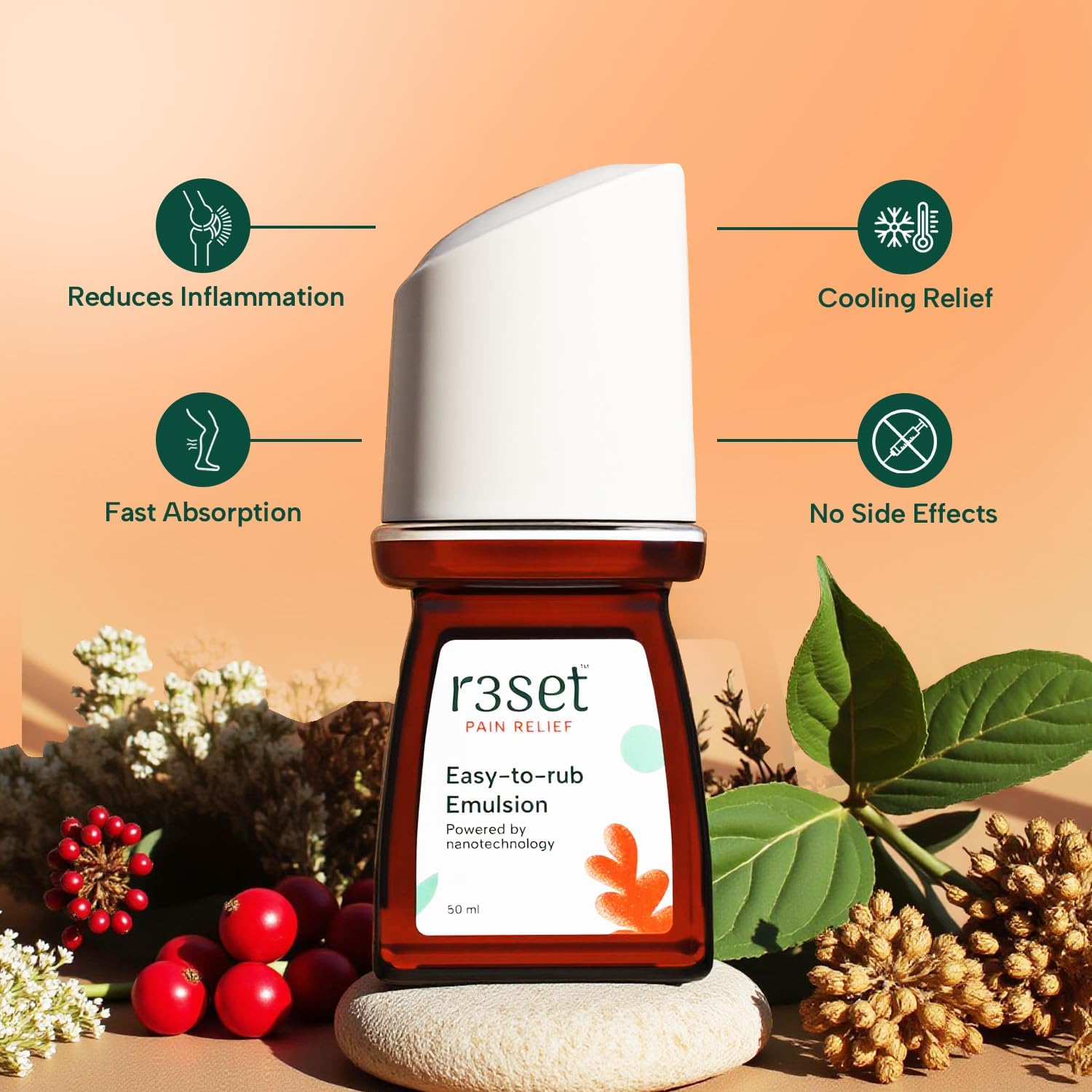Pain Relief Emulsion Roll-On | Fast Relief for Muscle, Joint, Back, Neck, Knee Pain, Sports Injuries | 100% Natural, Absorbs Easily, No Side Effects | Herbal Ingredients for Aches & Soreness - 50ml - TrustMedUSA