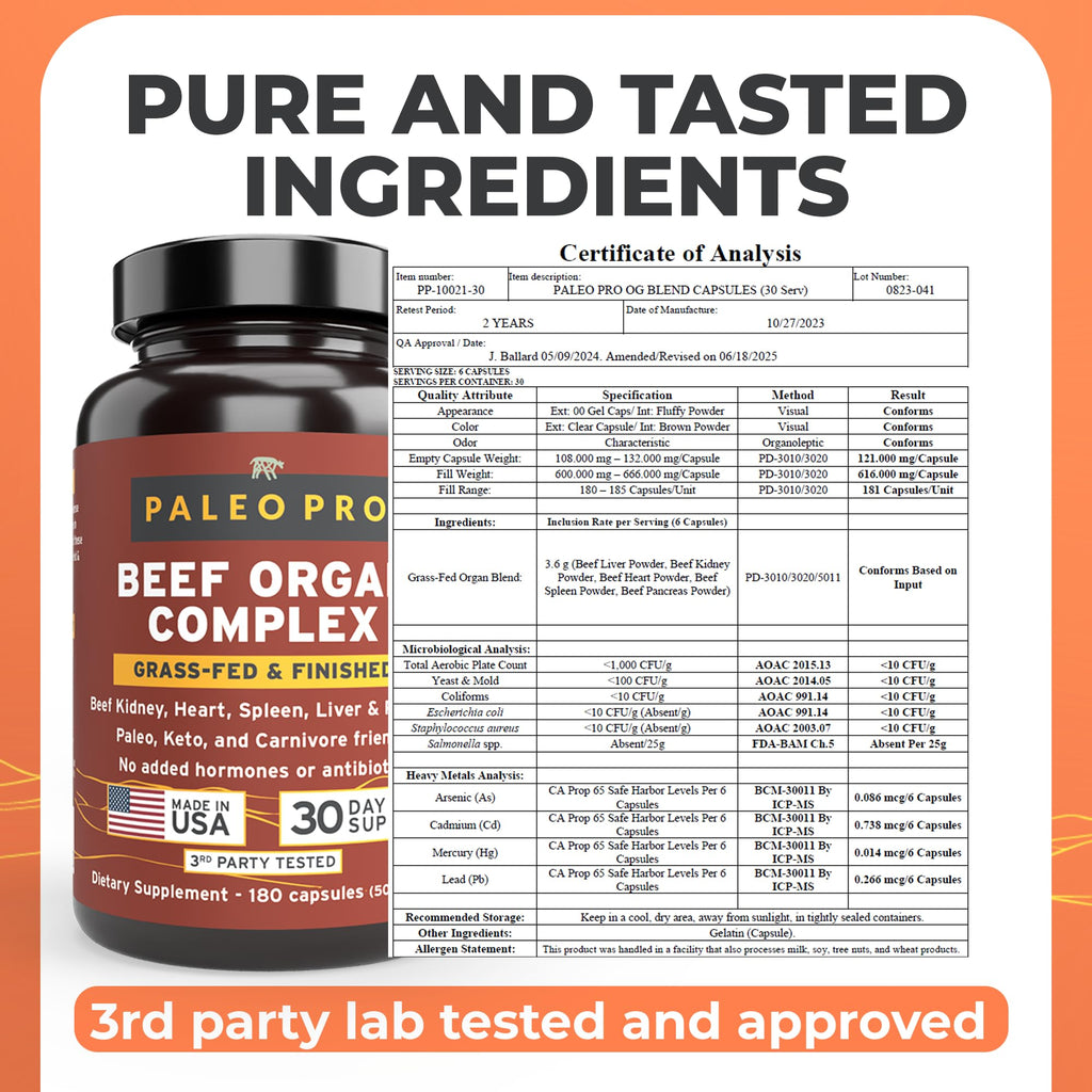 Paleo Pro O.G. Blend Premium Beef Organs Capsules, Kidney, Heart, Liver, Spleen and Pancreas from Grass Fed & Pastured Cows, Dietary Supplement, No GMO, 180 Capsules (Beef Organ Complex) - TrustMedUSA