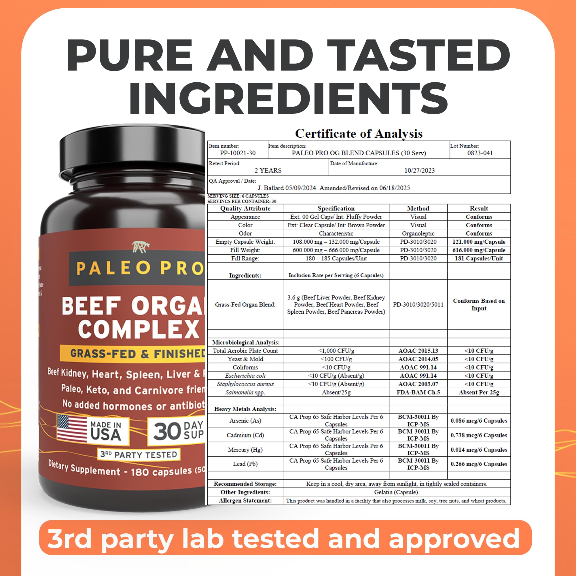 Paleo Pro O.G. Blend Premium Beef Organs Capsules, Kidney, Heart, Liver, Spleen and Pancreas from Grass Fed & Pastured Cows, Dietary Supplement, No GMO, 180 Capsules (Beef Organ Complex) - TrustMedUSA