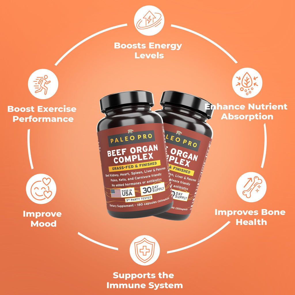 Paleo Pro O.G. Blend Premium Beef Organs Capsules, Kidney, Heart, Liver, Spleen and Pancreas from Grass Fed & Pastured Cows, Dietary Supplement, No GMO, 180 Capsules (Beef Organ Complex) - TrustMedUSA