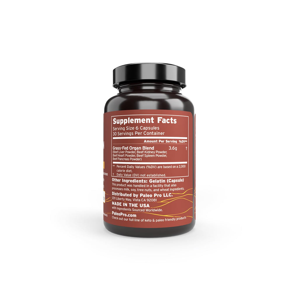 Paleo Pro O.G. Blend Premium Beef Organs Capsules, Kidney, Heart, Liver, Spleen and Pancreas from Grass Fed & Pastured Cows, Dietary Supplement, No GMO, 180 Capsules (Beef Organ Complex) - TrustMedUSA
