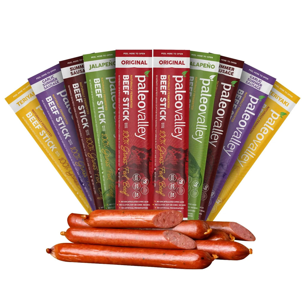 Paleovalley 100% Grass Fed Beef Sticks - Delicious Gluten Free Beef Snack - High Protein Keto Friendly, 50 Count Variety Pack - TrustMedUSA