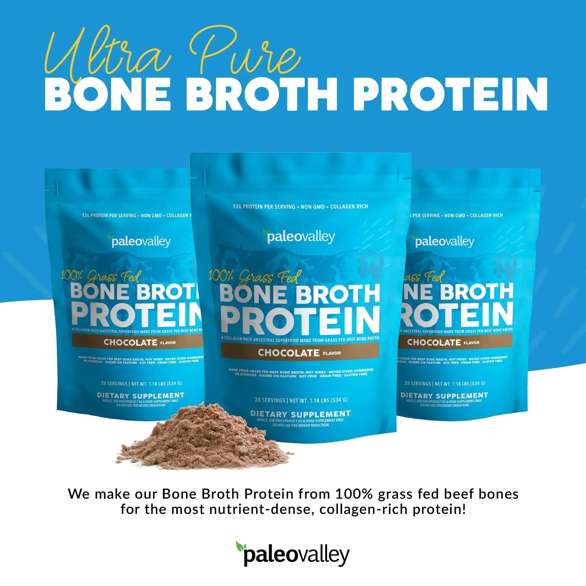 Paleovalley 100% Grass Fed Bone Broth Protein Powder - Chocolate - Rich in Collagen - TrustMedUSA