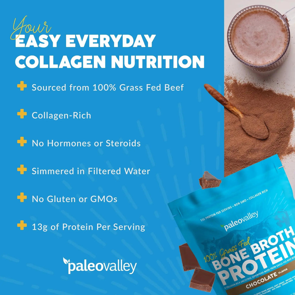 Paleovalley 100% Grass Fed Bone Broth Protein Powder - Chocolate - Rich in Collagen - TrustMedUSA