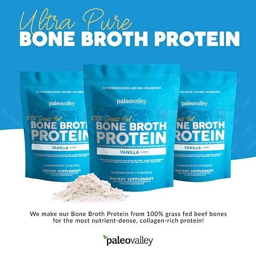 Paleovalley 100% Grass Fed Bone Broth Protein Powder - Vanilla - Rich in Collagen for Hair - TrustMedUSA