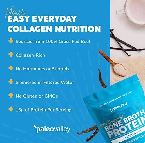Paleovalley 100% Grass Fed Bone Broth Protein Powder - Vanilla - Rich in Collagen for Hair - TrustMedUSA