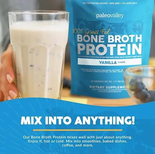 Paleovalley 100% Grass Fed Bone Broth Protein Powder - Vanilla - Rich in Collagen for Hair - TrustMedUSA