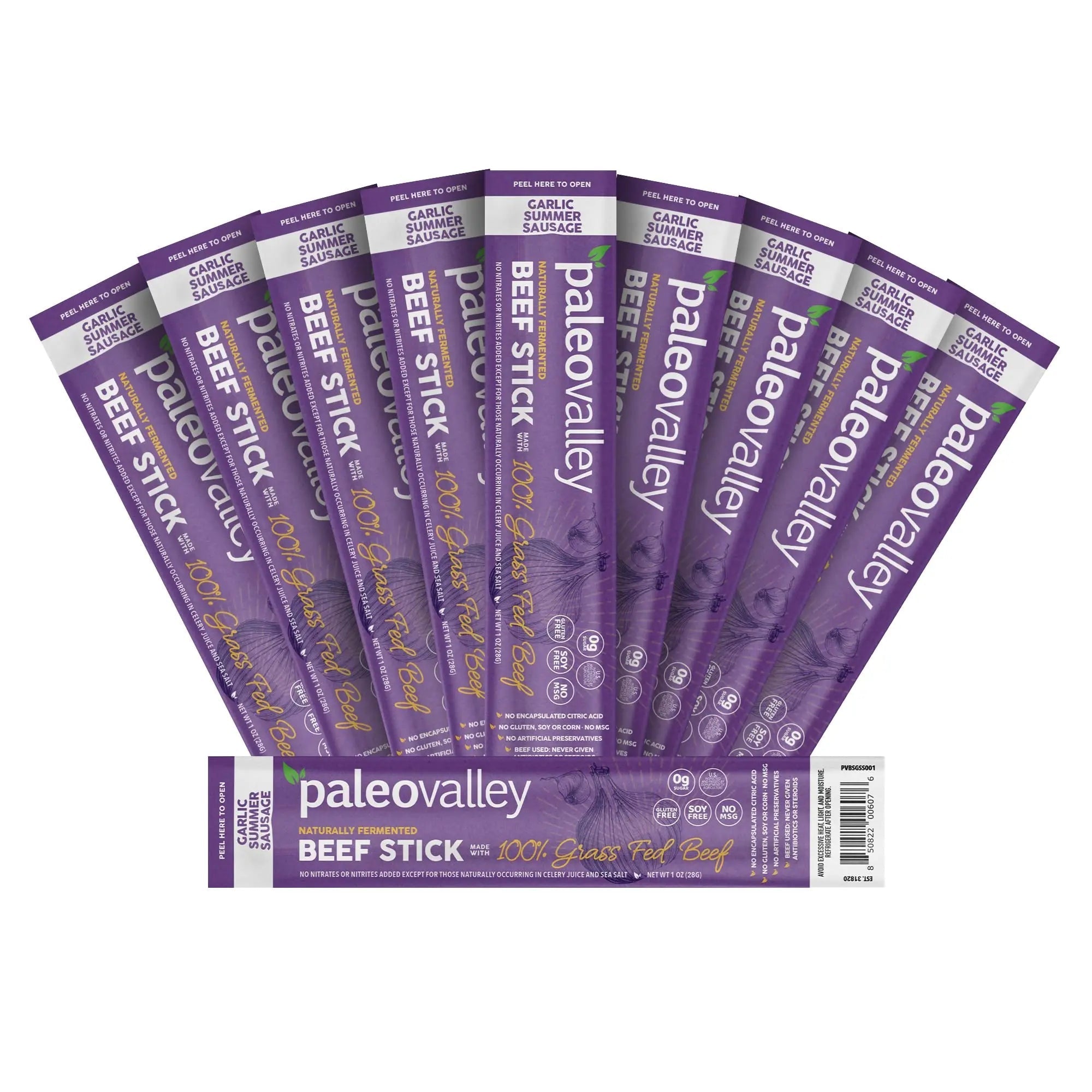 Paleovalley 100% Grass Fed Garlic Summer Sausage Beef Sticks - Delicious Gluten Free Beef Snack - High Protein Keto Friendly - TrustMedUSA