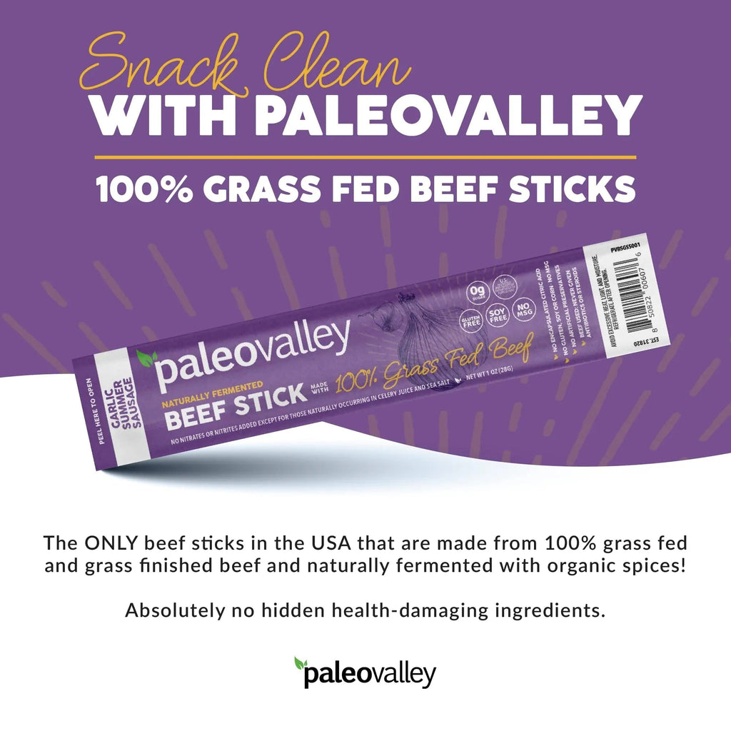 Paleovalley 100% Grass Fed Garlic Summer Sausage Beef Sticks - Delicious Gluten Free Beef Snack - High Protein Keto Friendly - TrustMedUSA