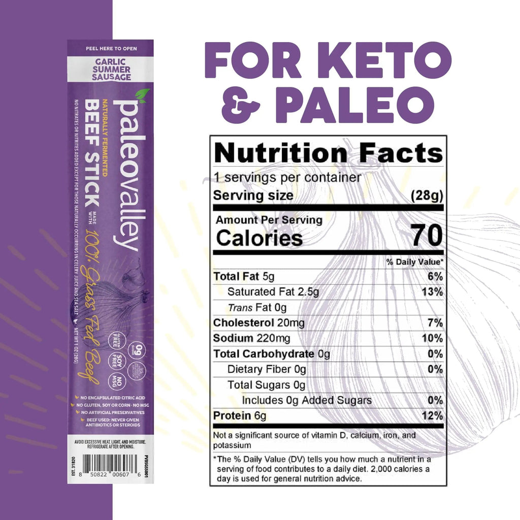 Paleovalley 100% Grass Fed Garlic Summer Sausage Beef Sticks - Delicious Gluten Free Beef Snack - High Protein Keto Friendly - TrustMedUSA
