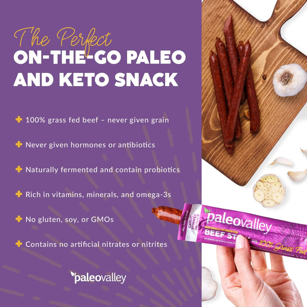 Paleovalley 100% Grass Fed Garlic Summer Sausage Beef Sticks - Delicious Gluten Free Beef Snack - High Protein Keto Friendly - TrustMedUSA