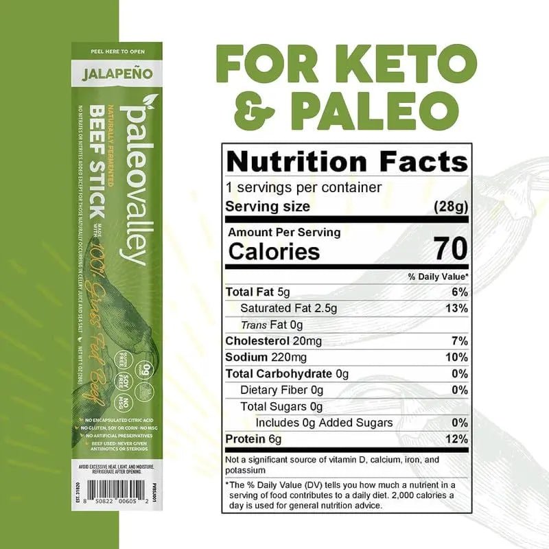 Paleovalley 100% Grass Fed Jalapeno Beef Sticks - Delicious Gluten Free Beef Snack - High Protein Keto Friendly - TrustMedUSA