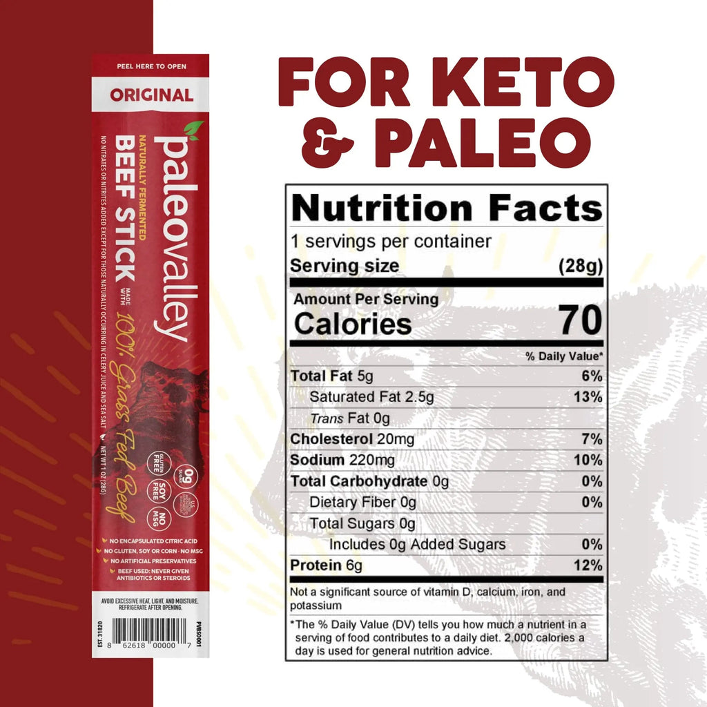 Paleovalley 100% Grass Fed Original Beef Sticks - Delicious Gluten Free Beef Snack - High Protein Keto Friendly - TrustMedUSA