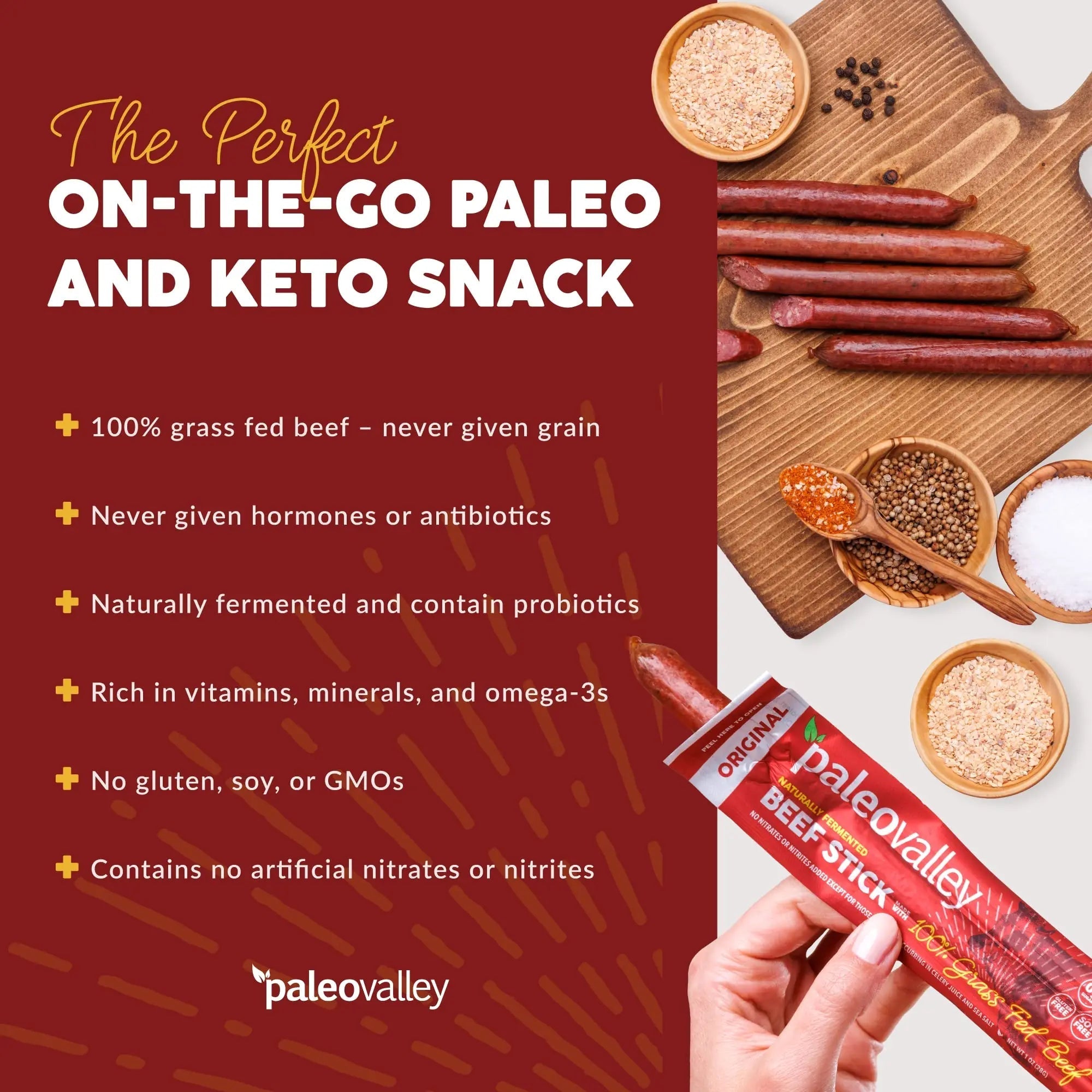 Paleovalley 100% Grass Fed Original Beef Sticks - Delicious Gluten Free Beef Snack - High Protein Keto Friendly - TrustMedUSA