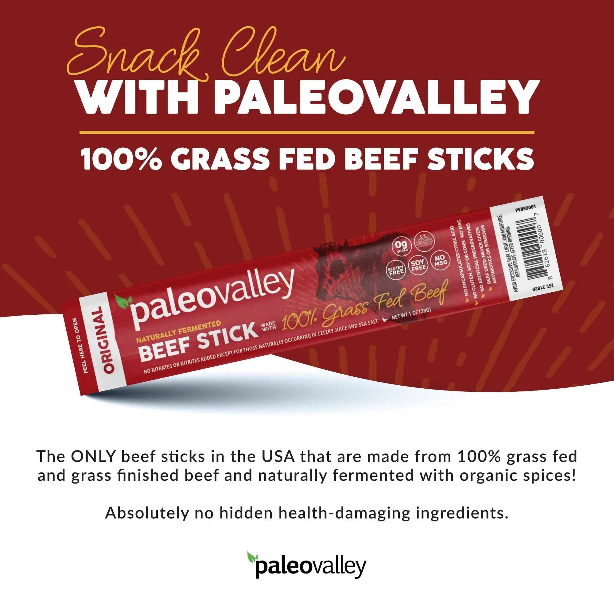 Paleovalley 100% Grass Fed Original Beef Sticks - Delicious Gluten Free Beef Snack - High Protein Keto Friendly - TrustMedUSA