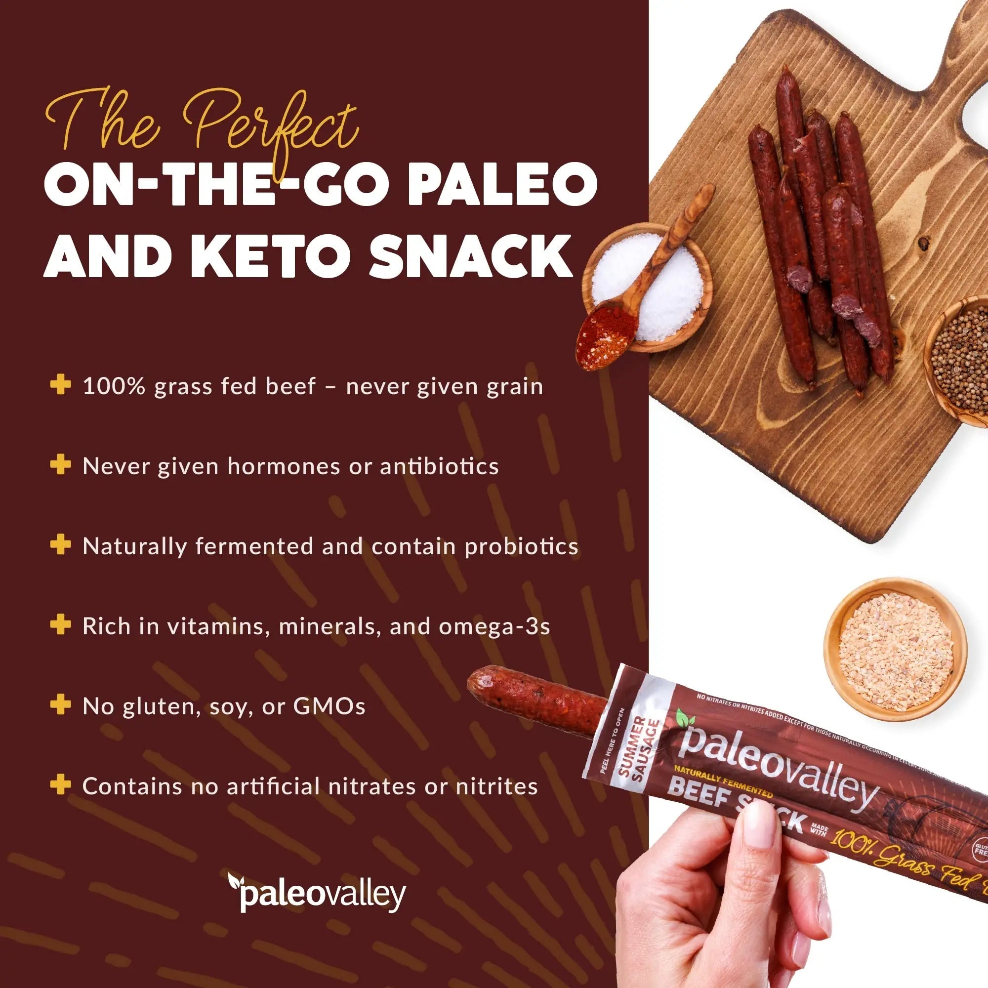 Paleovalley 100% Grass Fed Summer Sausage Beef Sticks - Delicious Gluten Free Beef Snack - High Protein Keto Friendly - TrustMedUSA