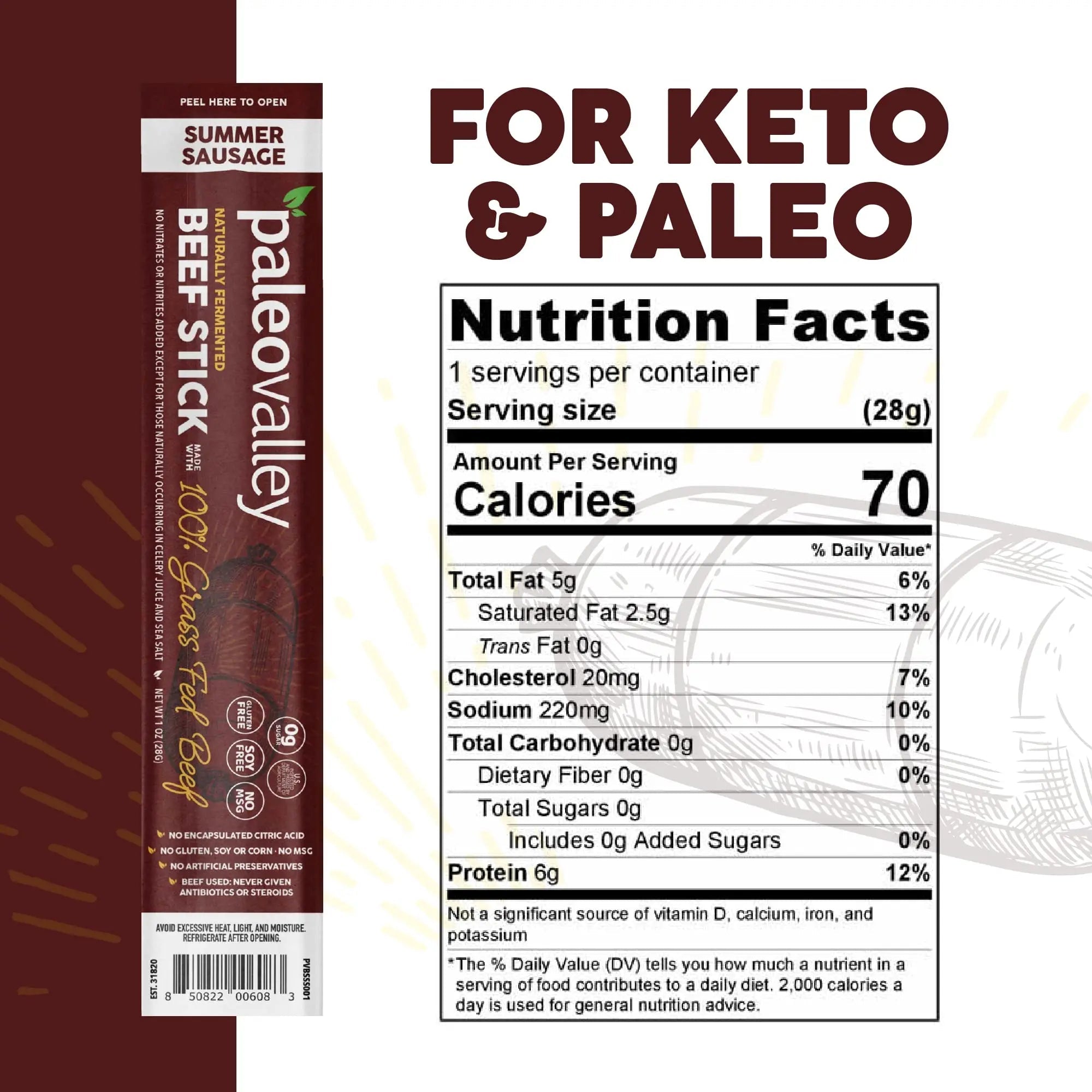 Paleovalley 100% Grass Fed Summer Sausage Beef Sticks - Delicious Gluten Free Beef Snack - High Protein Keto Friendly - TrustMedUSA