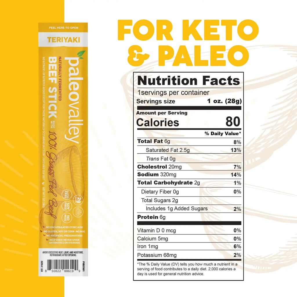 Paleovalley 100% Grass Fed Teriyaki Beef Sticks - Delicious Gluten Free Beef Snack - High Protein Keto Friendly - TrustMedUSA