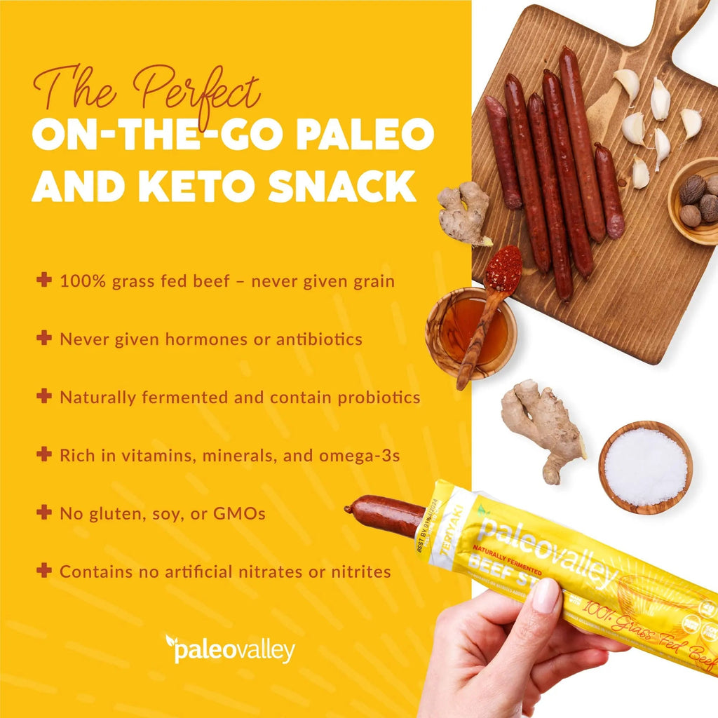 Paleovalley 100% Grass Fed Teriyaki Beef Sticks - Delicious Gluten Free Beef Snack - High Protein Keto Friendly - TrustMedUSA