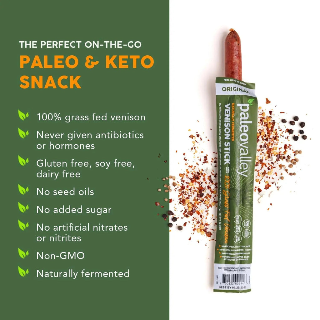 Paleovalley 100% Grass Fed Venison Sticks – 10 Pack – Keto-Friendly, High Protein, Low-Calorie Snack – Omega-3 Rich, Gluten-Free, Nitrate-Free, Naturally Flavored – Healthy On-the-Go Meat Snack - TrustMedUSA