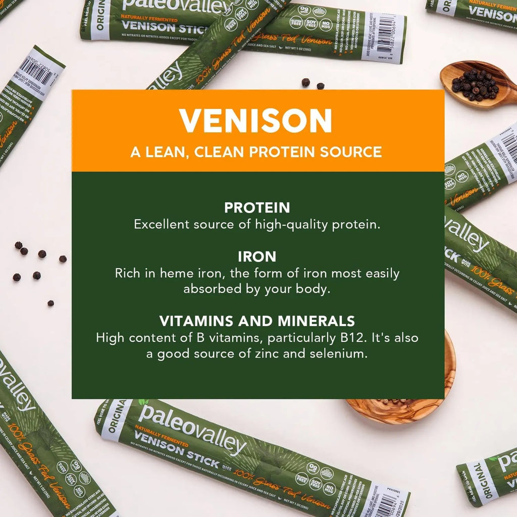 Paleovalley 100% Grass Fed Venison Sticks – 10 Pack – Keto-Friendly, High Protein, Low-Calorie Snack – Omega-3 Rich, Gluten-Free, Nitrate-Free, Naturally Flavored – Healthy On-the-Go Meat Snack - TrustMedUSA