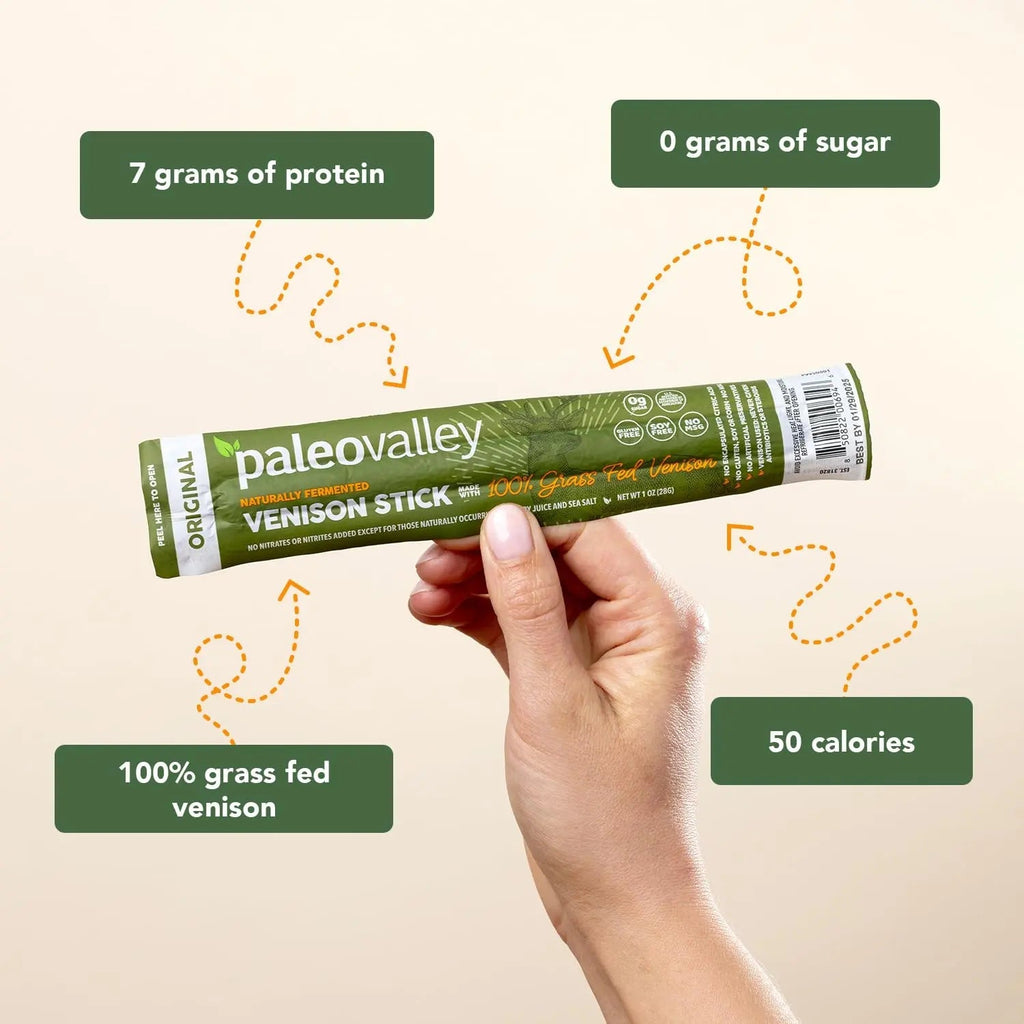 Paleovalley 100% Grass Fed Venison Sticks – 10 Pack – Keto-Friendly, High Protein, Low-Calorie Snack – Omega-3 Rich, Gluten-Free, Nitrate-Free, Naturally Flavored – Healthy On-the-Go Meat Snack - TrustMedUSA