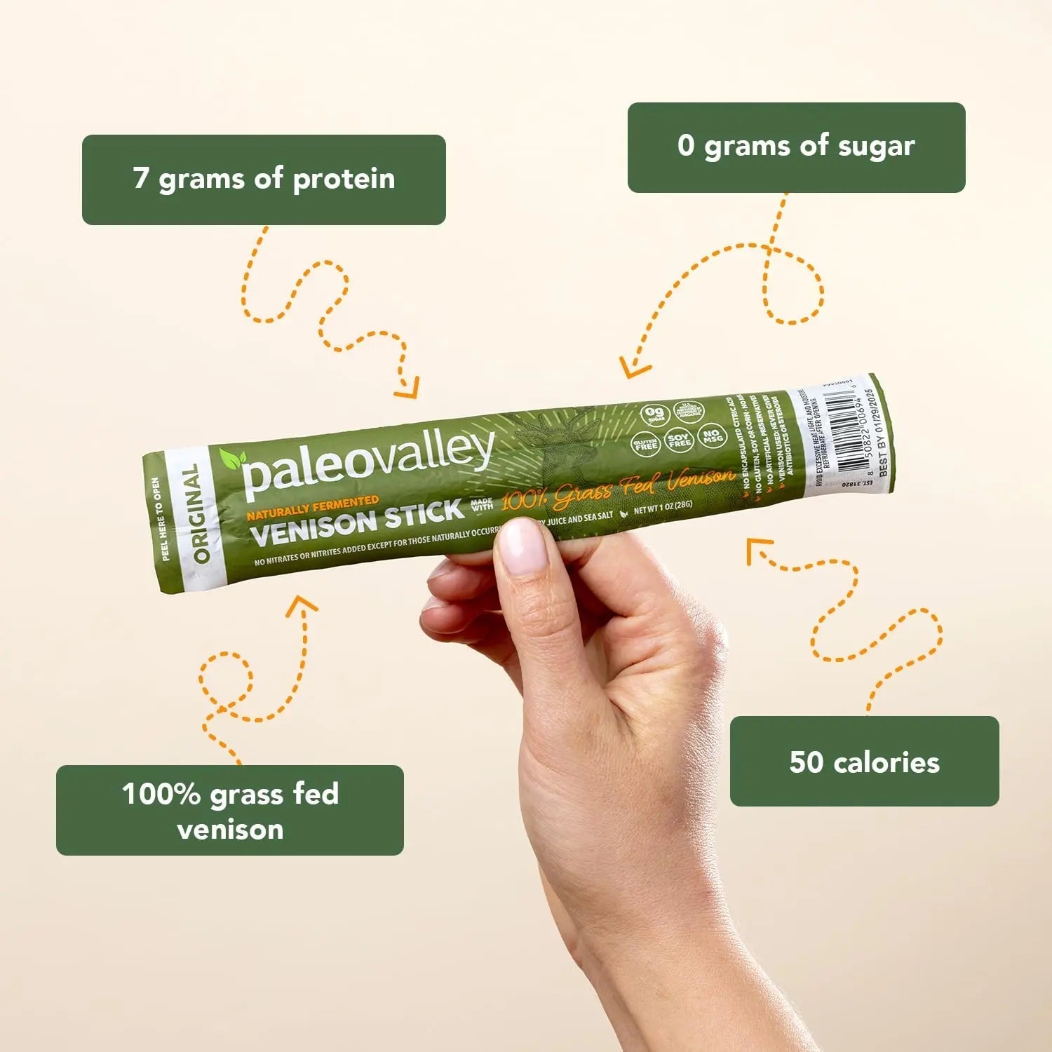 Paleovalley 100% Grass Fed Venison Sticks – 10 Pack – Keto-Friendly, High Protein, Low-Calorie Snack – Omega-3 Rich, Gluten-Free, Nitrate-Free, Naturally Flavored – Healthy On-the-Go Meat Snack - TrustMedUSA