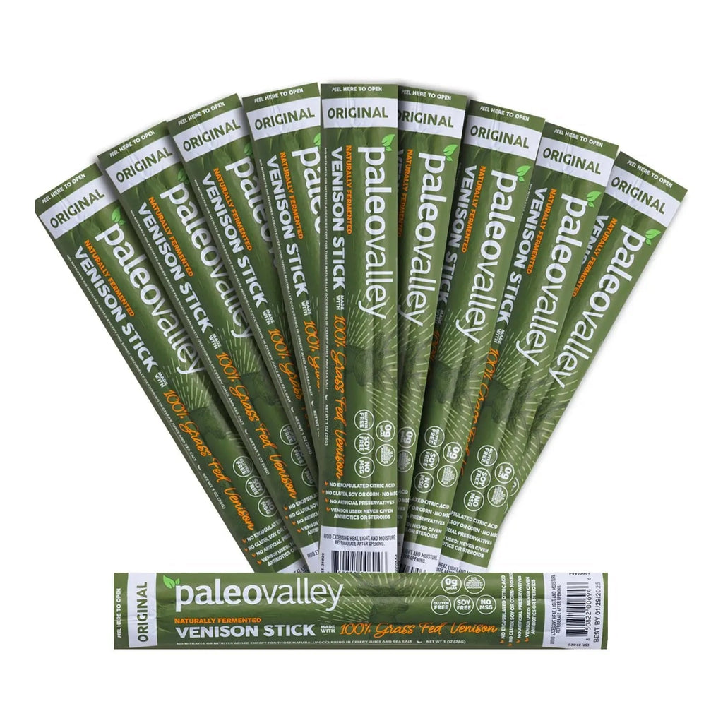 Paleovalley 100% Grass Fed Venison Sticks – 10 Pack – Keto-Friendly, High Protein, Low-Calorie Snack – Omega-3 Rich, Gluten-Free, Nitrate-Free, Naturally Flavored – Healthy On-the-Go Meat Snack - TrustMedUSA