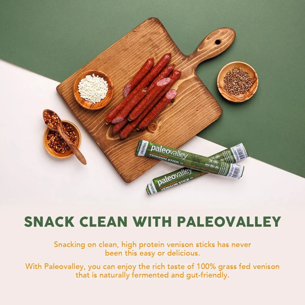 Paleovalley 100% Grass Fed Venison Sticks – 10 Pack – Keto-Friendly, High Protein, Low-Calorie Snack – Omega-3 Rich, Gluten-Free, Nitrate-Free, Naturally Flavored – Healthy On-the-Go Meat Snack - TrustMedUSA