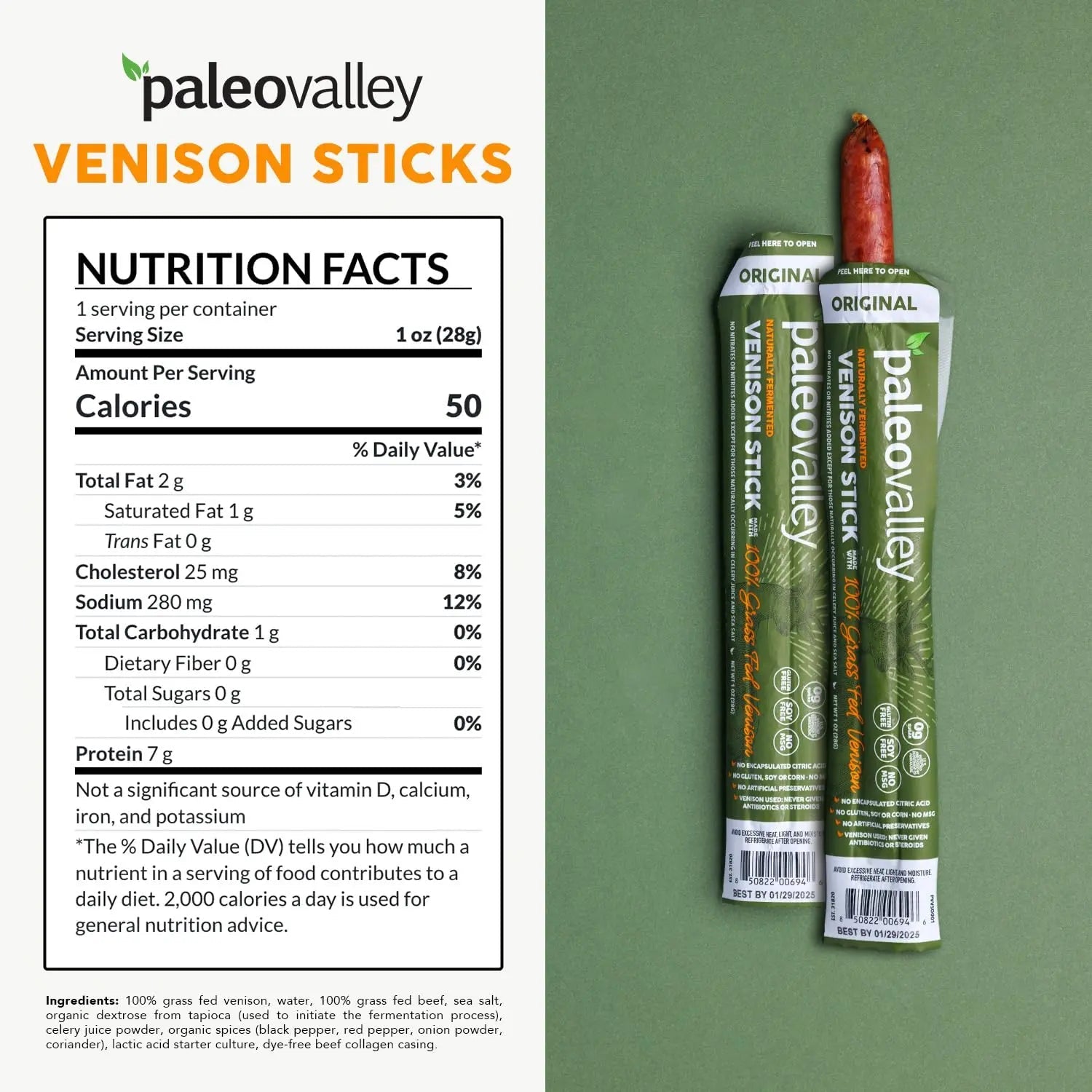 Paleovalley 100% Grass Fed Venison Sticks – 10 Pack – Keto-Friendly, High Protein, Low-Calorie Snack – Omega-3 Rich, Gluten-Free, Nitrate-Free, Naturally Flavored – Healthy On-the-Go Meat Snack - TrustMedUSA