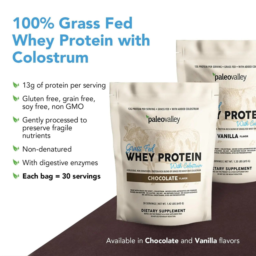 Paleovalley 100% Grassfed Whey Protein Powder with Colostrum, 30 Serving - Vanilla, 13g Protein, Muscle Building, Immune Support, Gut Health - TrustMedUSA
