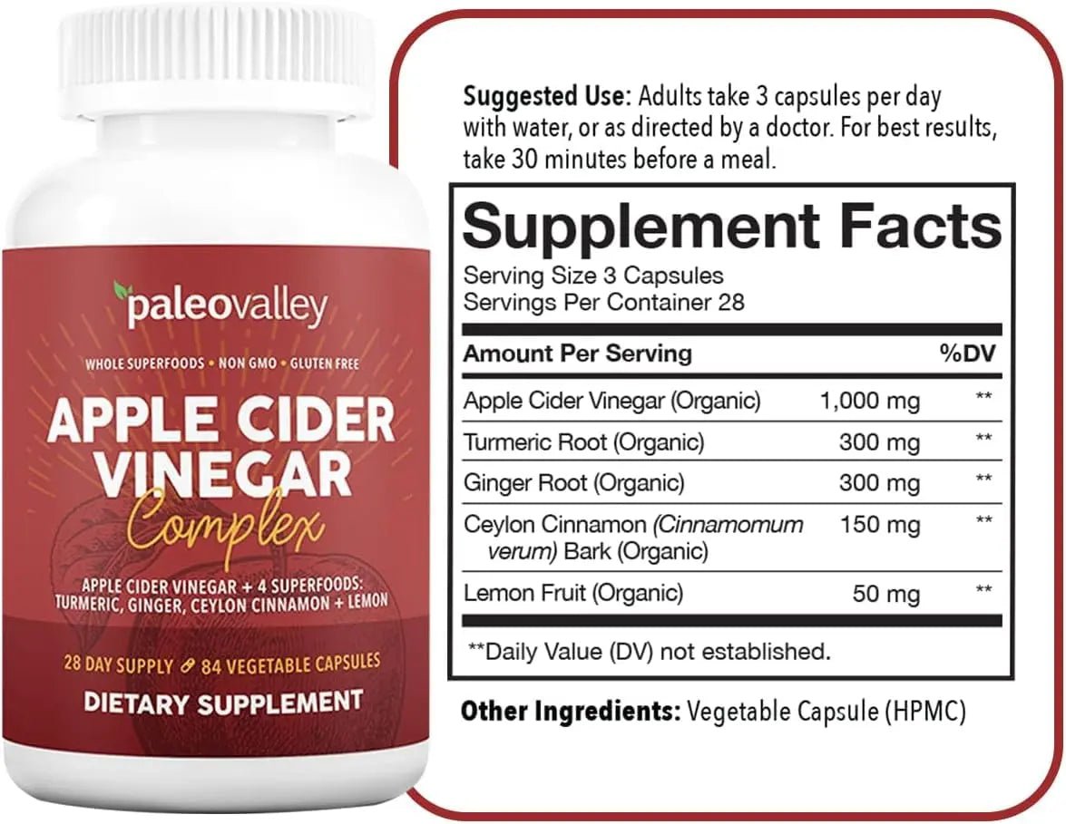 Paleovalley Apple Cider Vinegar Complex with Superfoods - Turmeric, Ginger, Ceylon Cinnamon and Lemon - 84 Vegetable Capsules - TrustMedUSA